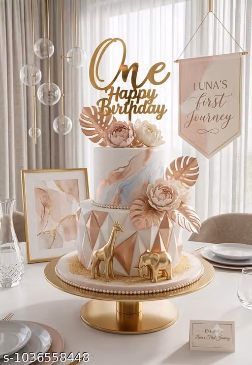 1st Birthday Cake Topper – Glossy Golden Acrylic One Happy Birthday Cursive Decoration