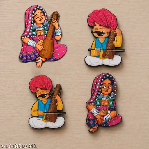 Rajasthani Musician & Folk Couple Wooden Fridge Magnets Set of 4 – Ethnic Home Decor