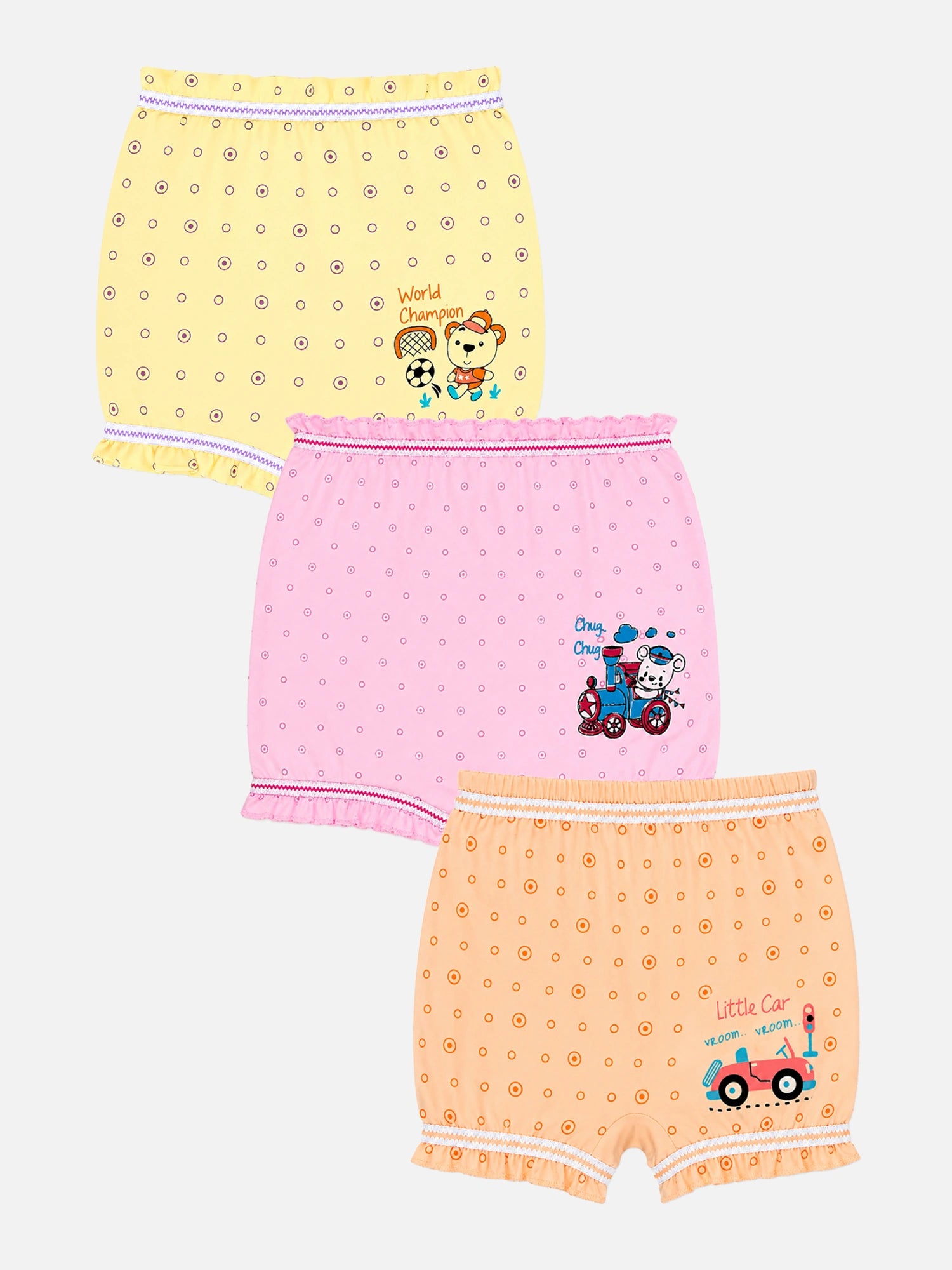 Bodycare Unisex 100% Cotton All Over Print Bloomer with Inner Elastic – Coverage Length, Pack of 3