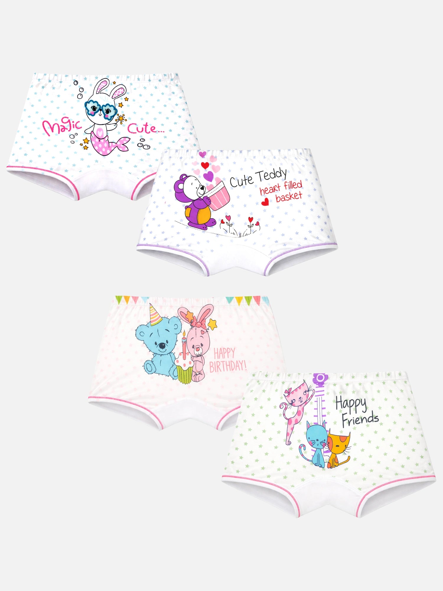 Bodycare Girls Printed Innerwear Boyshorts with Inner Elastic, Ultrasoft Durable Waistband and All-Day Comfort - Pack of 4