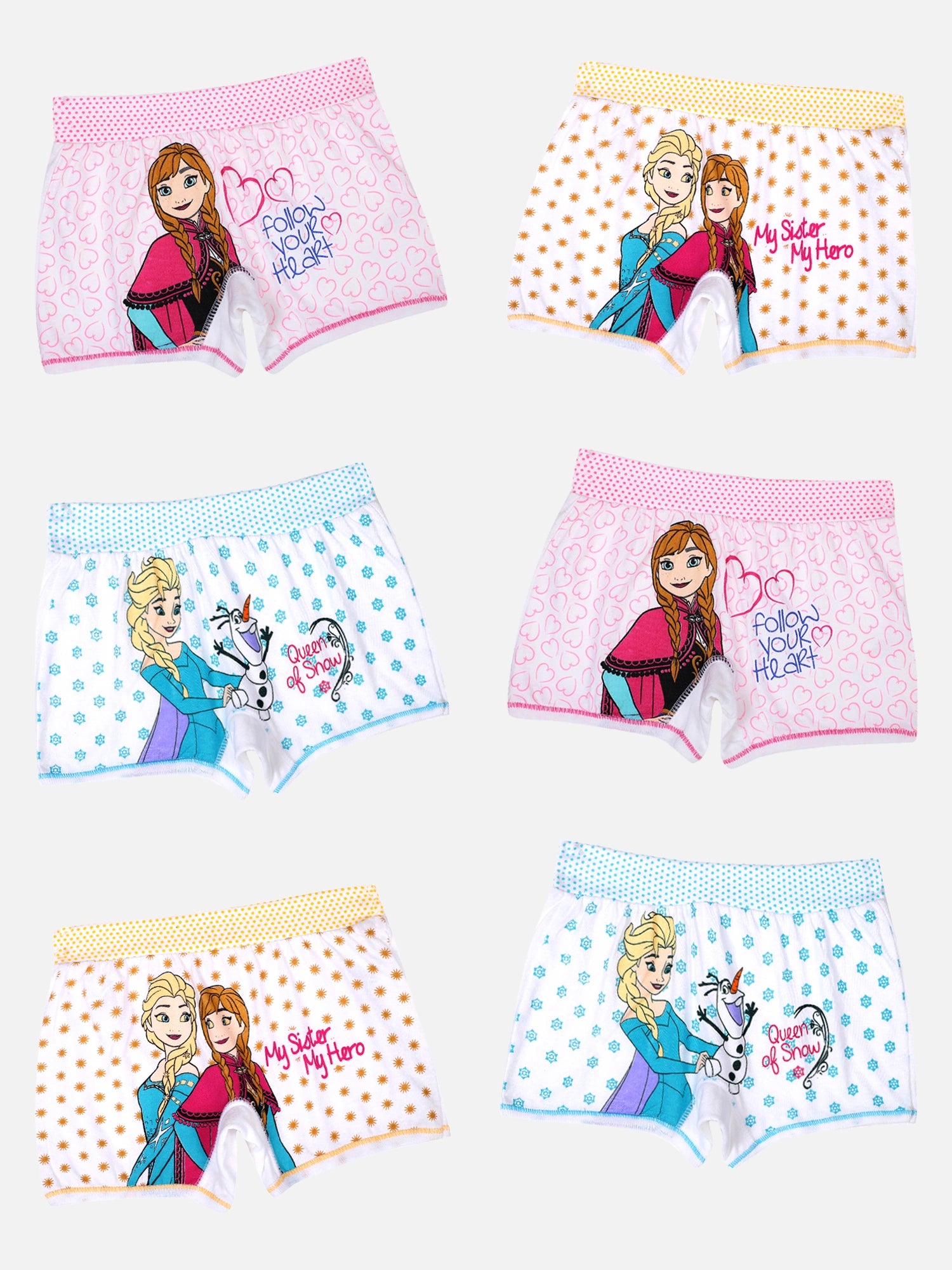 Bodycare Girls Frozen 100% Cotton Innerwear Boyshorts with Lycra Waistband for Everyday Innerwear Comfort, Secure Fit and Regular Use - Pack of 6