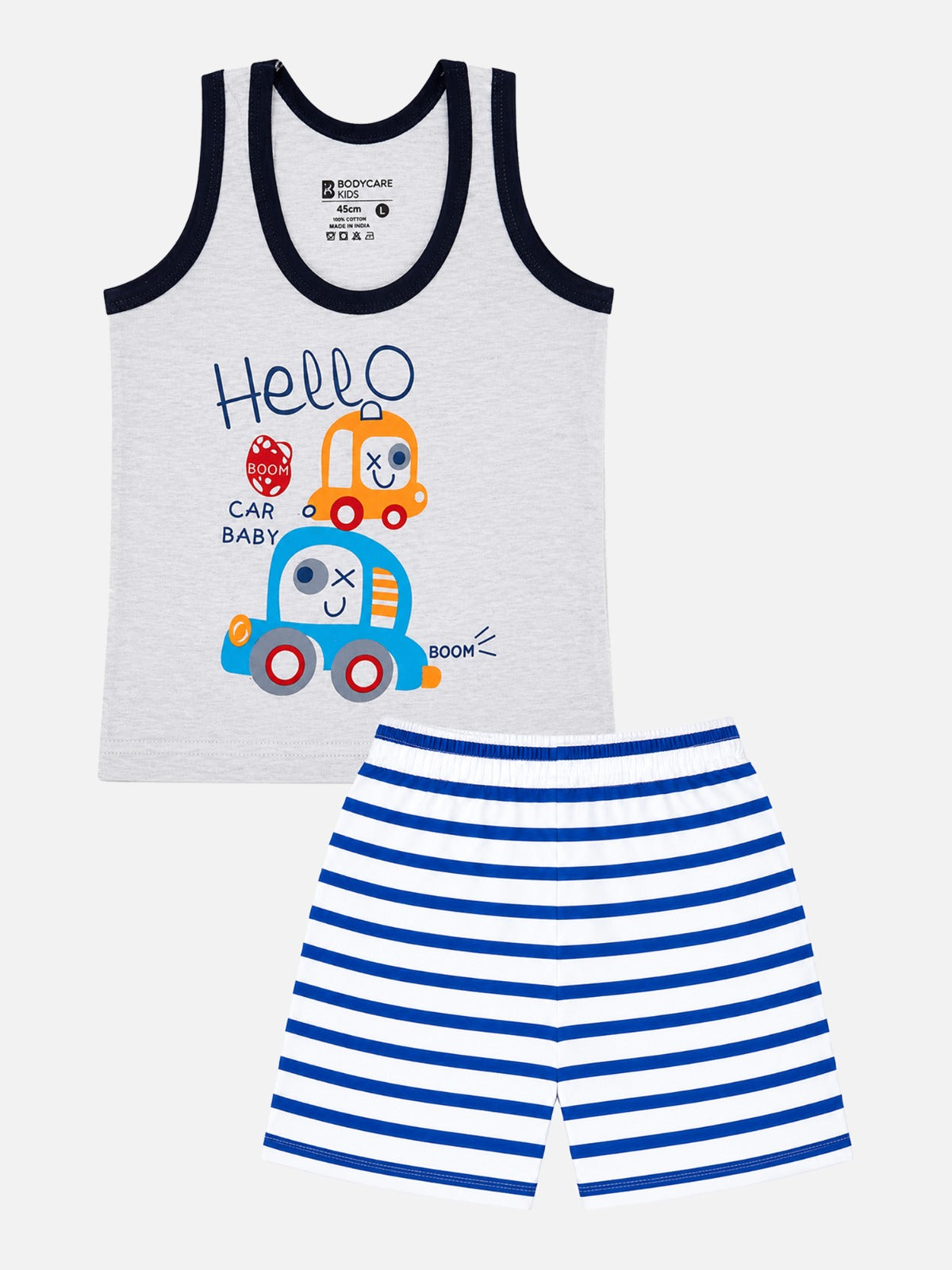 Bodycare Unisex 100% Cotton Round Neck Sleeveless Baby Shorts Set – Placement Print