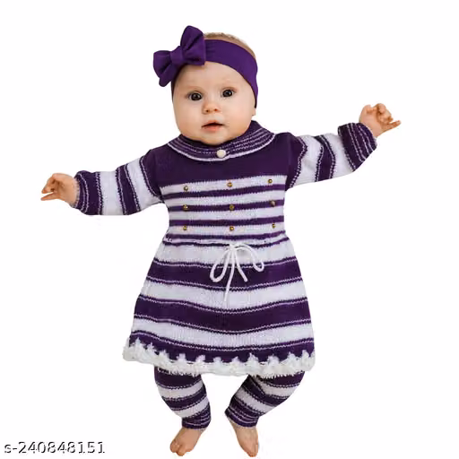 Purple Frock Sweater for Newborn Baby Girls – Striped Long Sleeve Acrylic Dress
