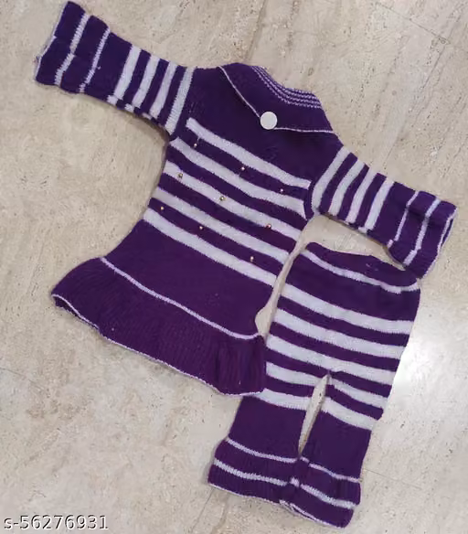 Purple Frock Sweater for Newborn Baby Girls – Striped Long Sleeve Acrylic Dress