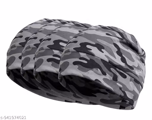 Cotton Lycra Beanie Skull Cap for Men & Women – Printed Grey Stretchable Helmet Liner Pack of 4