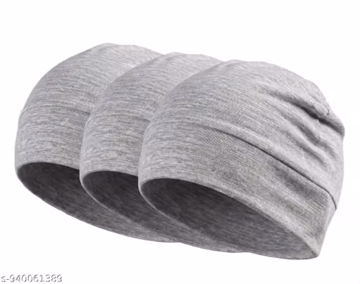 Cotton Lycra Beanie Skull Cap for Men & Women – Light Grey Stretchable Unisex Helmet Liner Pack of 3