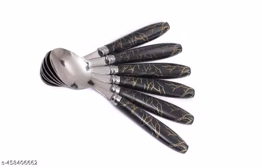 Stainless Steel Table Spoons with Black Marble Pattern Handles – Ceramic Design Dining Spoons Pack of 6