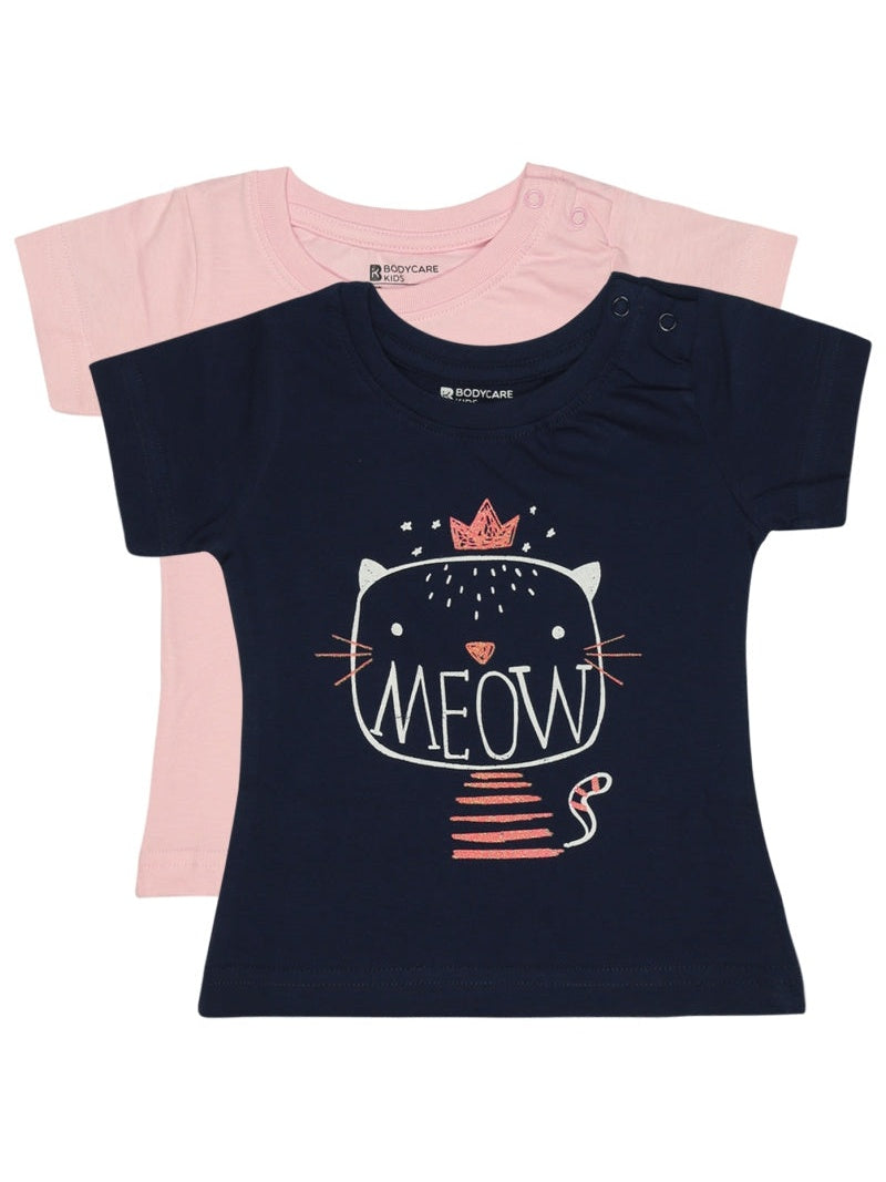 Bodycare Baby Girls Round Neck Half Sleeves T-Shirt Casual Wear Top for Playtime, Travel and Daily Outfits - Pack of 2