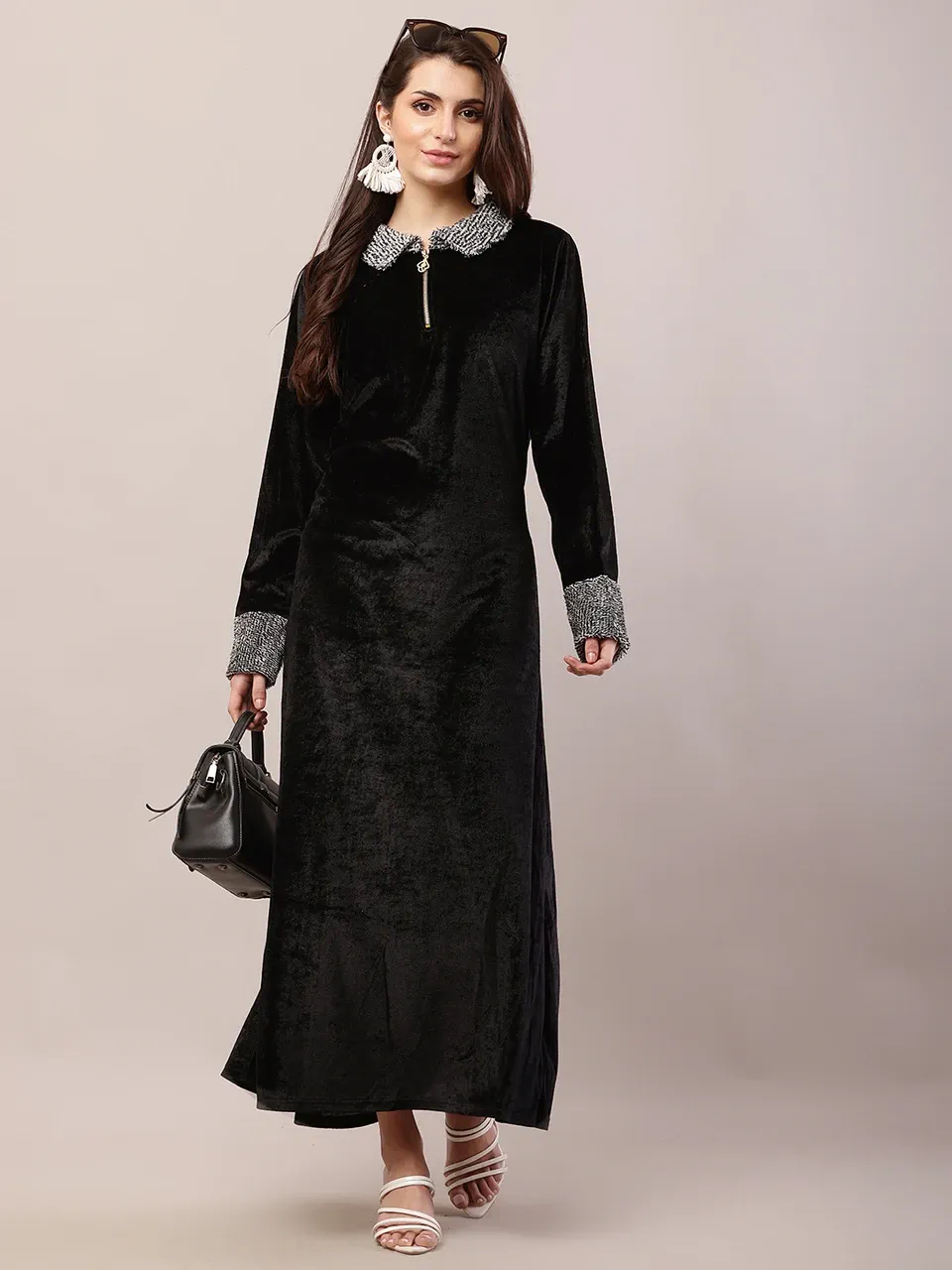 Women’s Black Velvet Maxi Dress with Contrast Collar – Full Length Elegant Dress