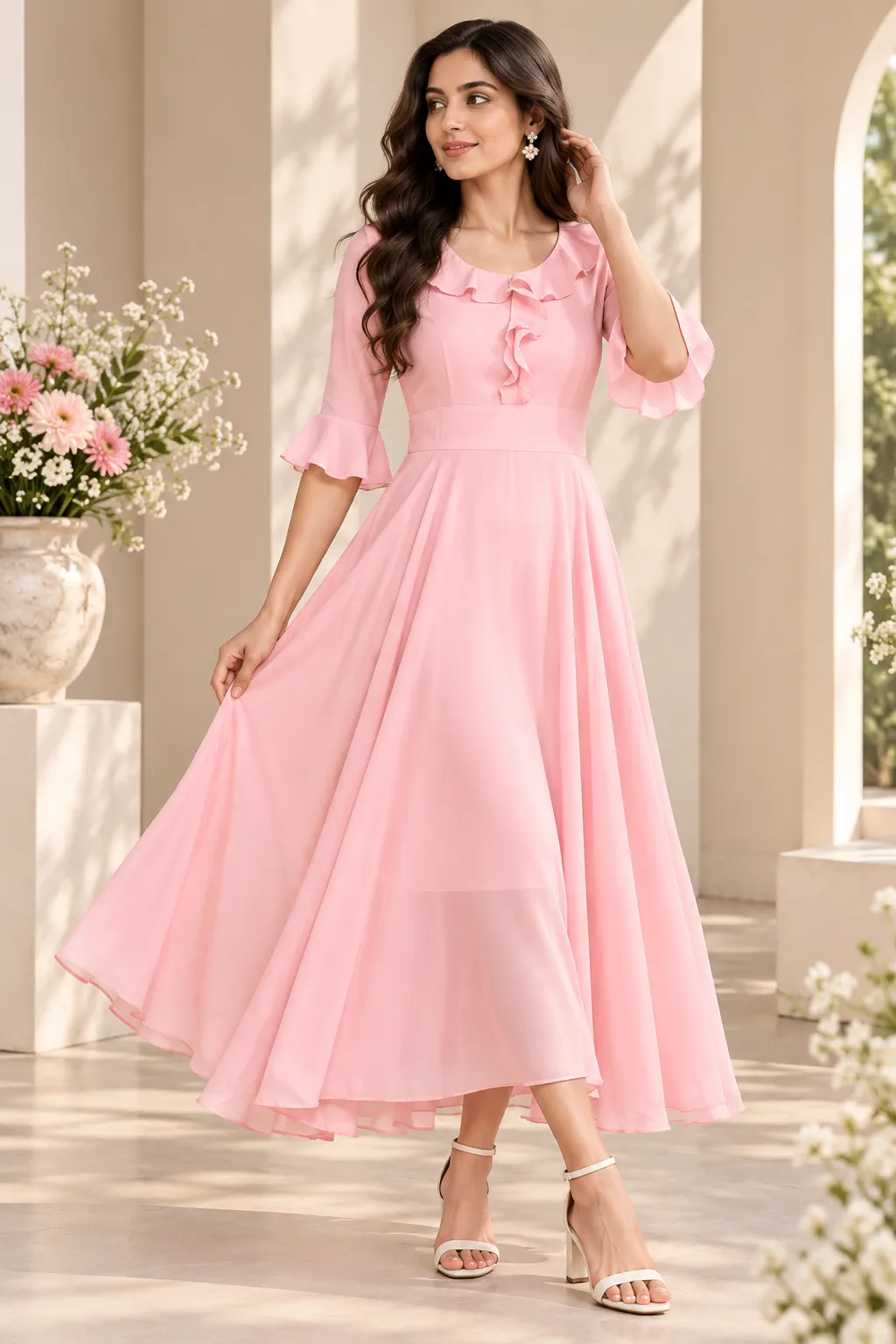 Women’s Blush Pink Bloom Ruffle Georgette Midi Dress – Elegant Party & Occasion Wear