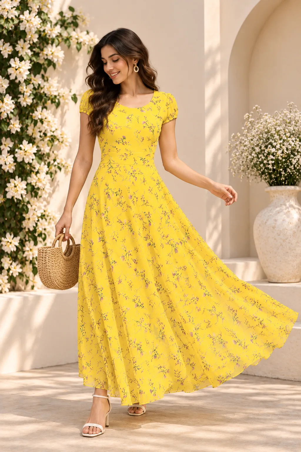 Women’s Yellow Floral Georgette Midi Dress – Stylish Party & Occasion Wear
