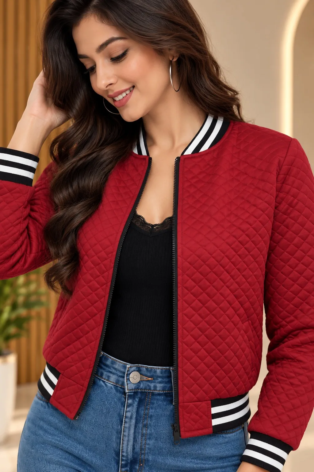 Women’s Ruby Red Quilted Bomber Jacket – Stylish Winter Casual Wear