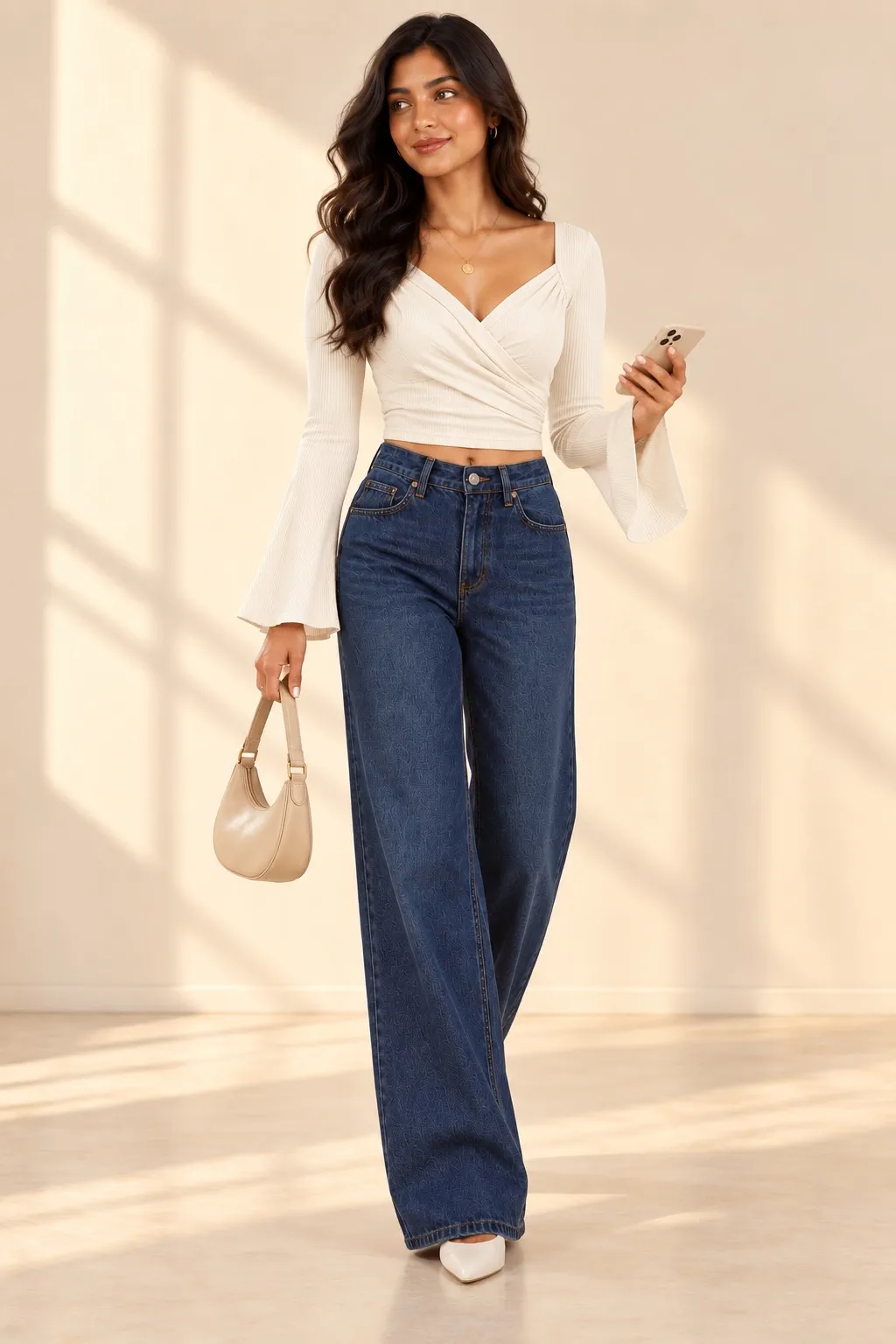 Ivory Sienna Ribbed Wrap Bell-Sleeve Crop Top – Stylish Casual & Party Wear