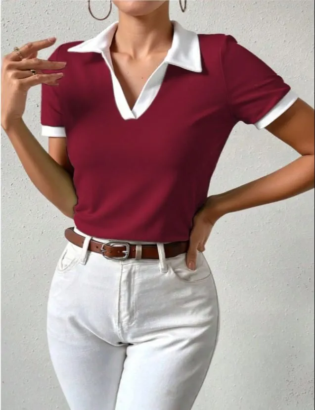 Women’s Burgundy Slim-Fit Polo Top with White Contrast Collar – Stylish Casual Wear