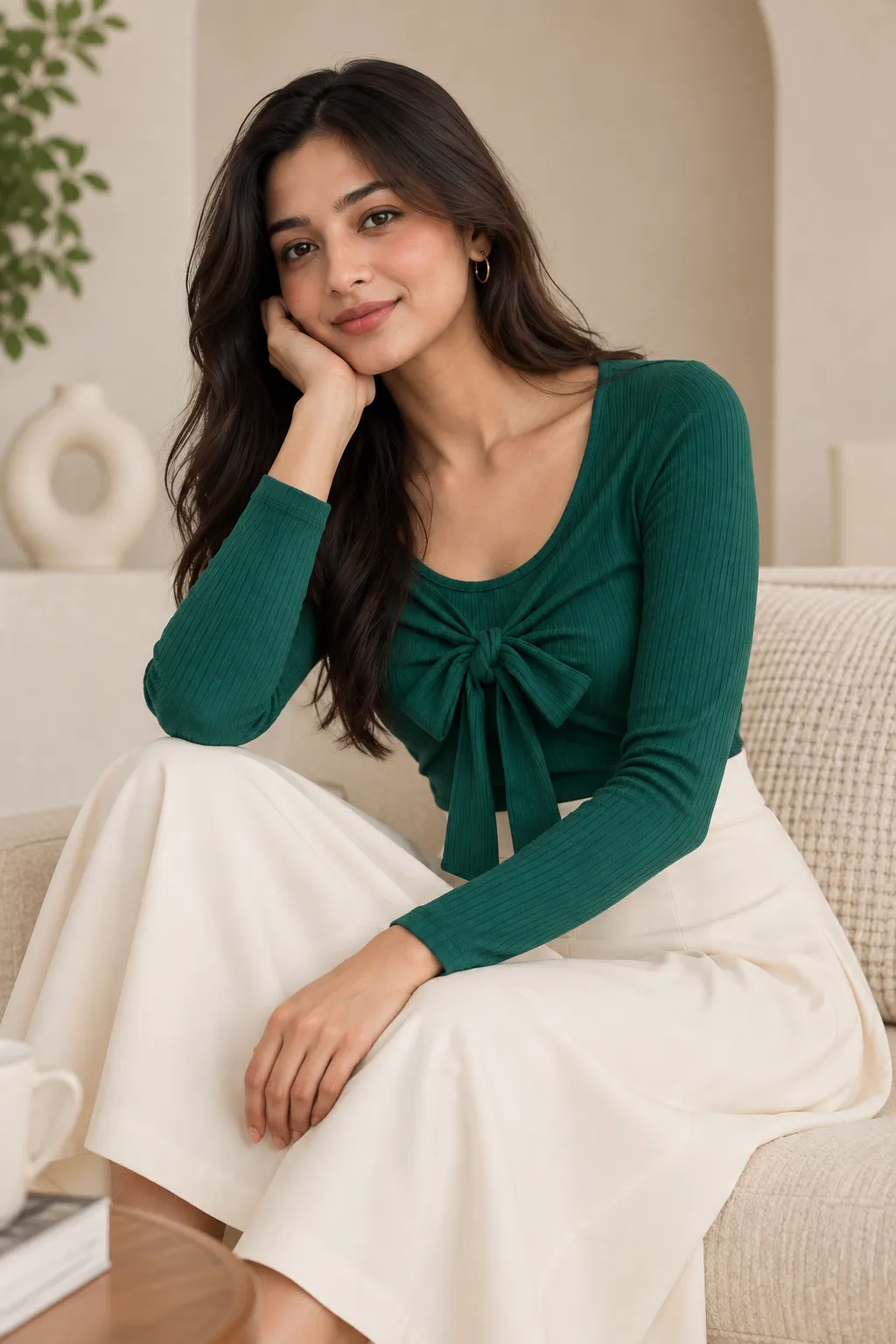 Women’s Emerald Green Ribbed Bow Top – Stylish Casual & Party Wear