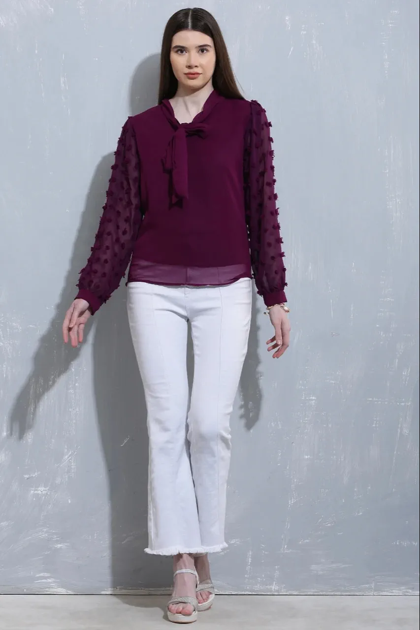 Women’s Evelyn Plum Bow Blouse – Stylish Casual & Party Wear