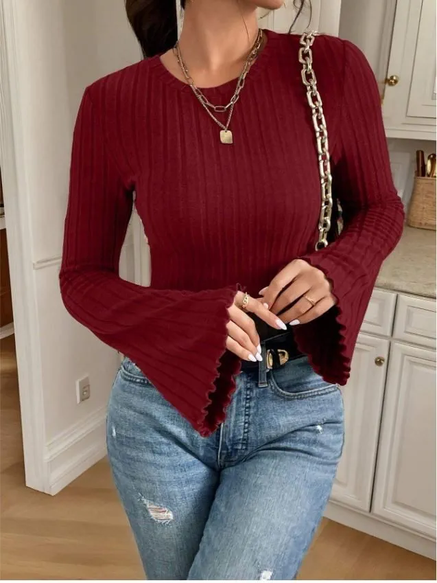 Women’s Maroon Ribbed Crop Top with Flared Sleeves – Stylish Casual Wear