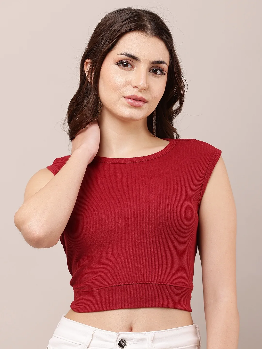 Women’s Maroon Ribbed Fitted Sleeveless Crop Top – Stylish Casual Wear