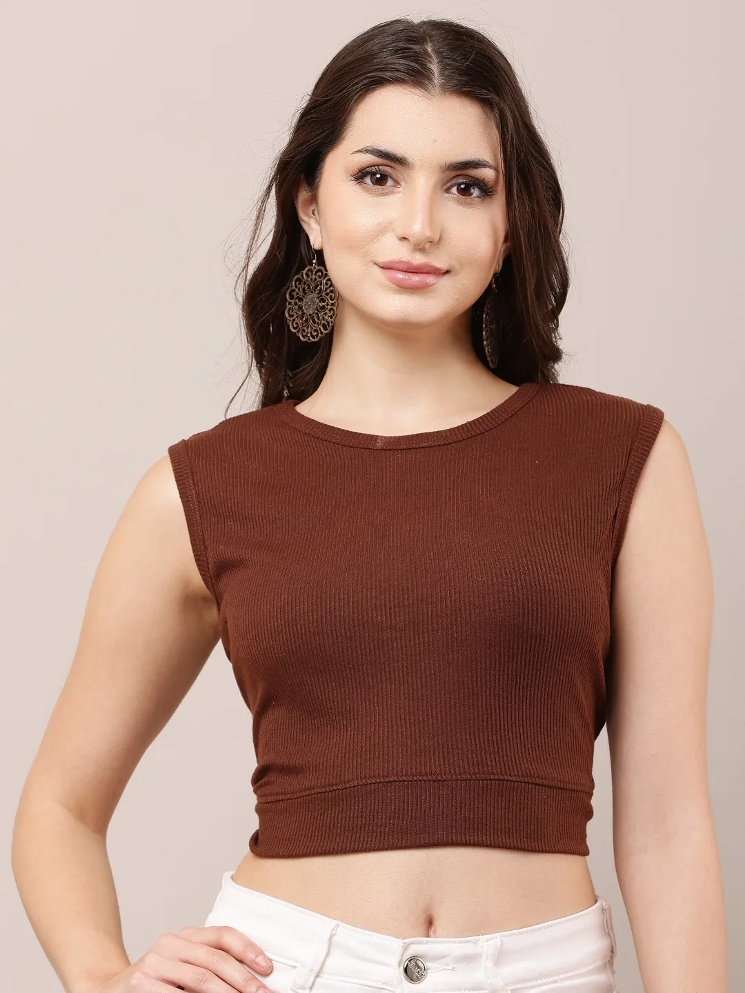 Women’s Mocha Brown Ribbed Sleeveless Crop Top – Fitted Round Neck Casual Wear