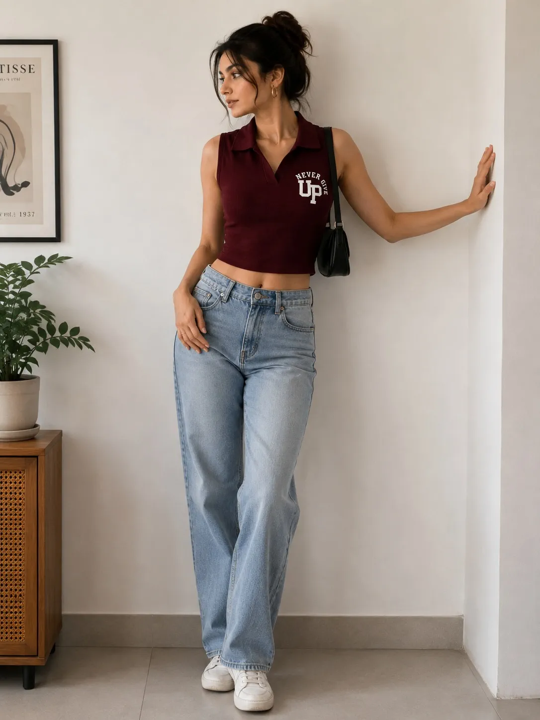 Women’s Burgundy “Never Give Up” Polo Crop Top – Stylish Casual & Everyday Wear