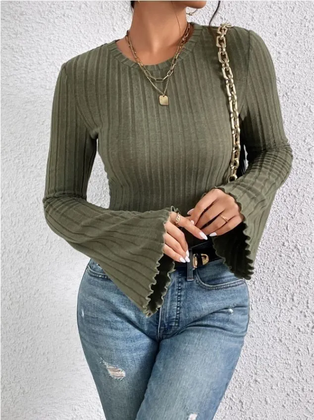 Women’s Olive Green Ribbed Fitted Crop Top with Flared Sleeves – Stylish Casual Wear