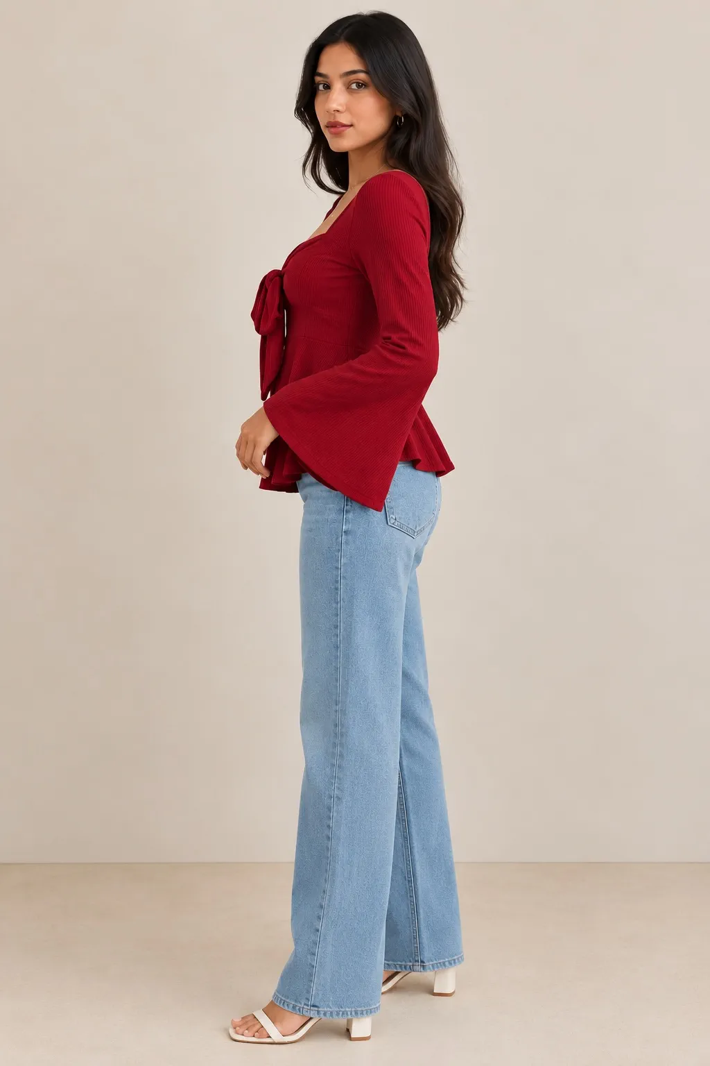 Women’s Scarlet Red Tie-Front Peplum Top – Sweetheart Neck Bell Sleeve Style