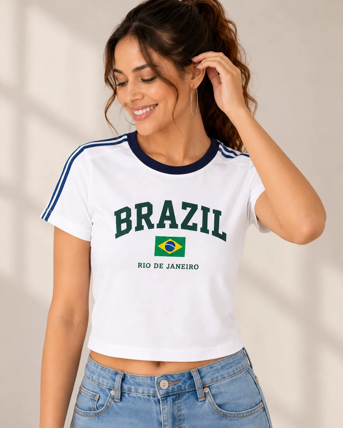 Women’s White Rio Varsity Crop T-Shirt with Brazil Graphic – Sporty Casual Wear