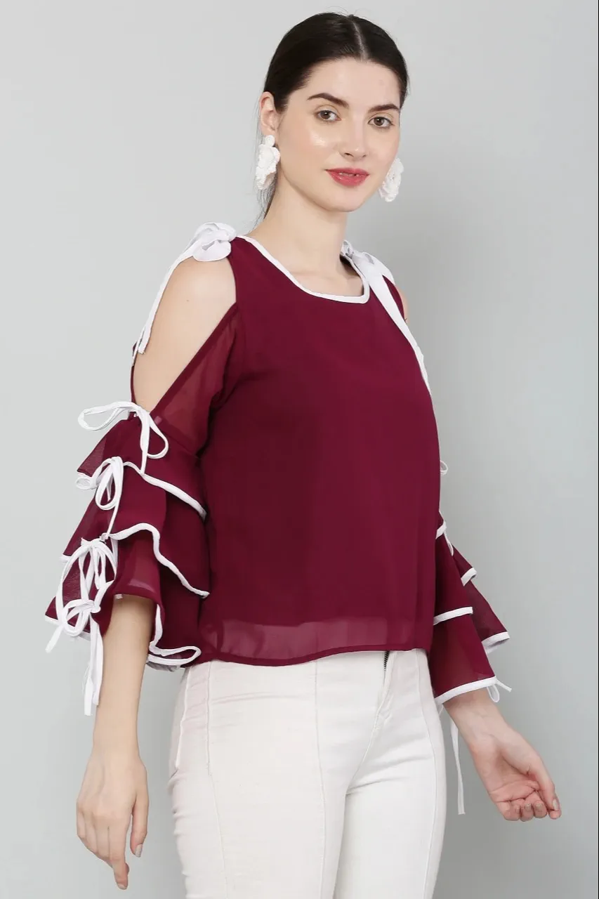 Women’s Wine Tie-Sleeve Cold Shoulder Top – Sheer Layered Sleeve Style
