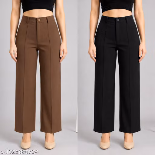 Women’s Solid Cotton Blend Formal Pants – Combo Set of 2