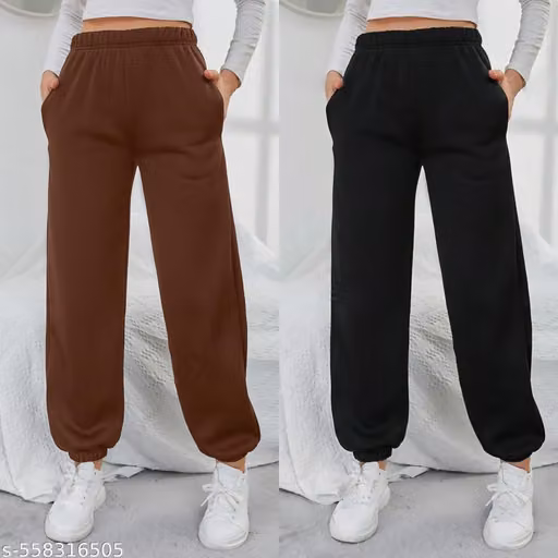 Women’s Solid Cotton Blend Loose Fit Joggers – Set of 2
