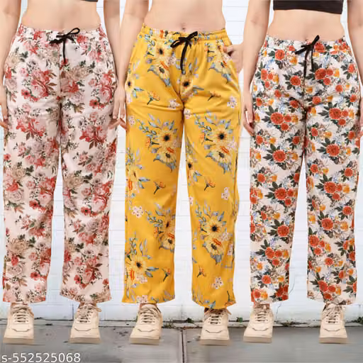 Women’s Printed Cotton Blend Trousers – Combo Set of 3