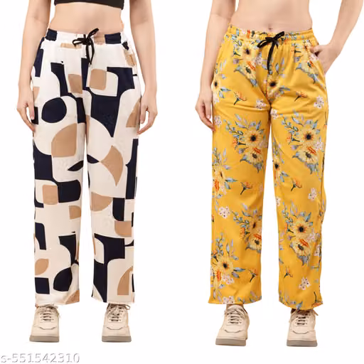 Women’s Printed Cotton Blend Trousers – Set of 2