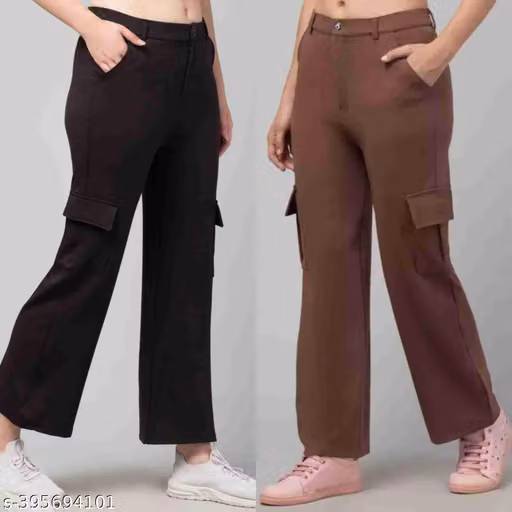 Women’s Solid Nylon Cargo Trousers – Fashionable Combo Set of 2
