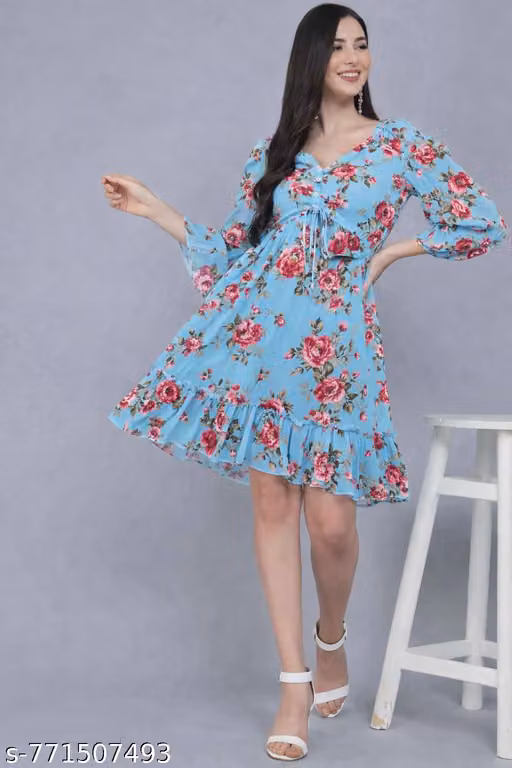 Women’s Floral Printed Georgette A-Line Midi Dress – 3/4 Sleeves