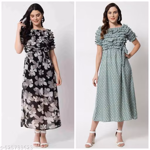 Women’s Floral Printed Polyester Maxi Dress – Short Sleeves, Combo Set of 2