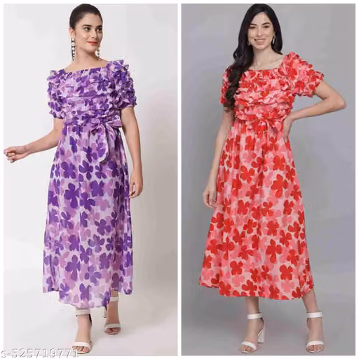 Women’s Floral Printed Polyester Maxi Dress – Short Sleeves, Combo Set of 2