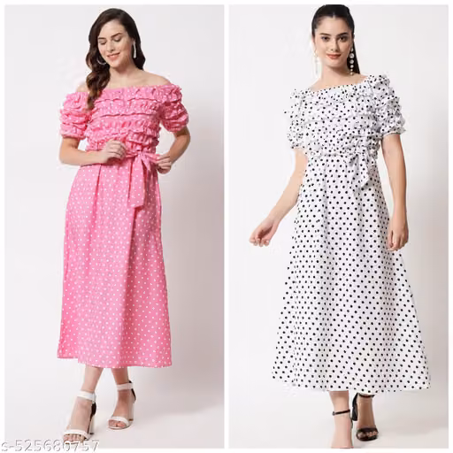 Women’s Floral Printed Polyester Maxi Dress – Short Sleeves, Combo Set of 2