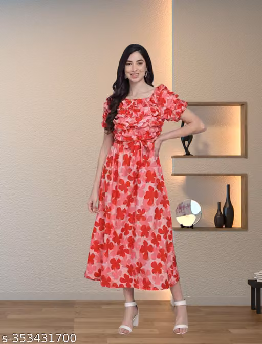 Women’s Printed Crepe Maxi Dress – Short Sleeves