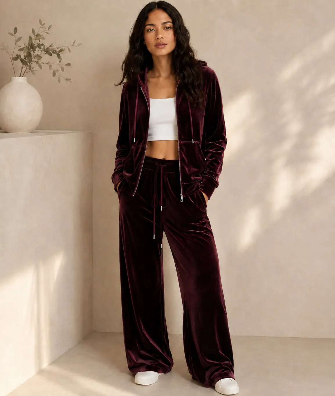 Bodycare Women’s Velour Hooded Zip-Up Wide-Leg Co-Ord Set