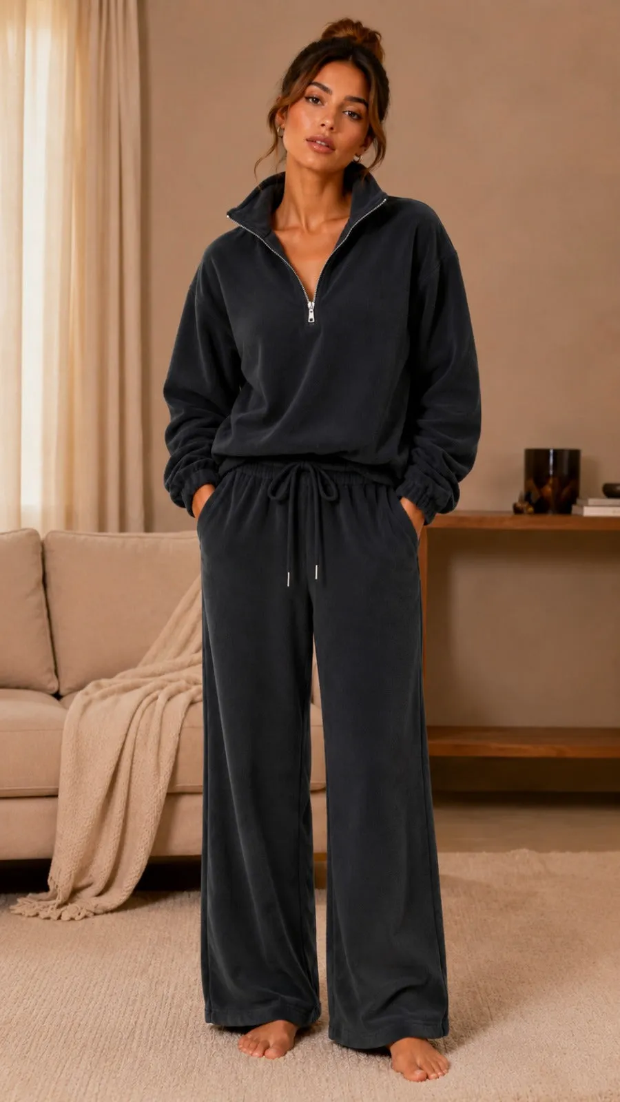 Bodycare Women’s Polar Fleece Half-Zip Sweatshirt Wide-Leg Jogger Set