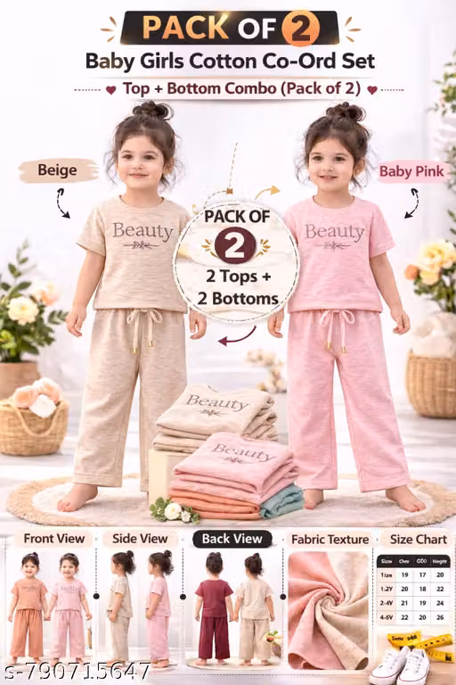 Girls Cotton Blend Printed Co-Ord Top and Bottom Set Pack of 2