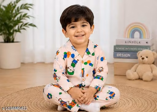 Kids Unisex Cotton Blend Cartoon Print Night Suit Set