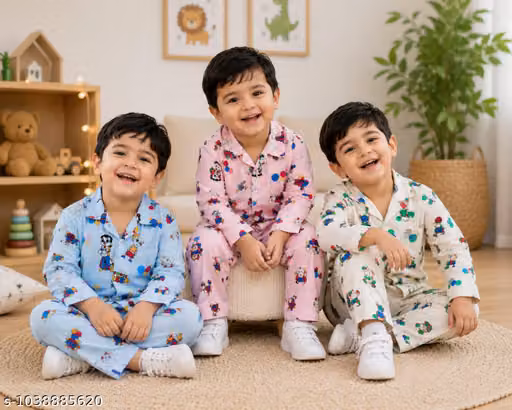Kids Unisex Cotton Blend Cartoon Print Night Suit Set