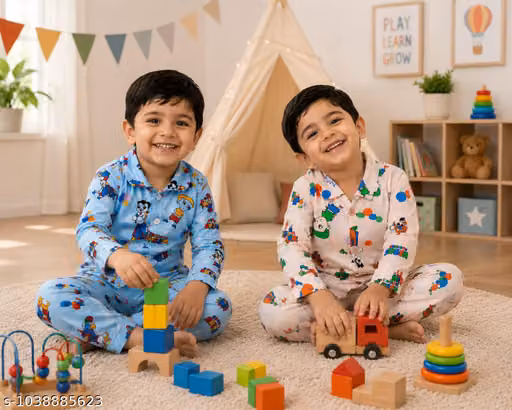 Kids Unisex Cotton Blend Cartoon Print Night Suit Set