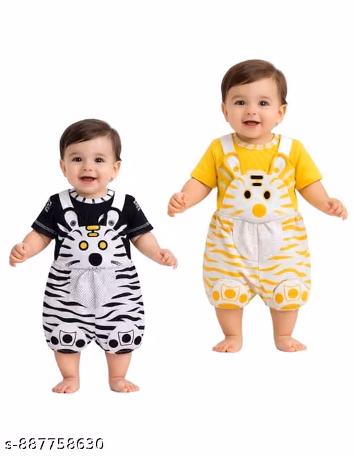 Baby Boys & Girls Cotton Cartoon Print Dungaree Romper Set Pack of 2
