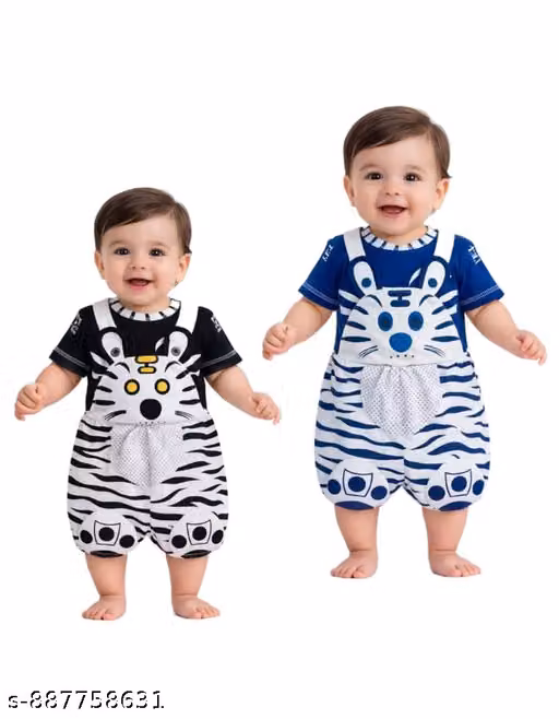 Baby Boys & Girls Cotton Cartoon Print Dungaree Romper Set Pack of 2