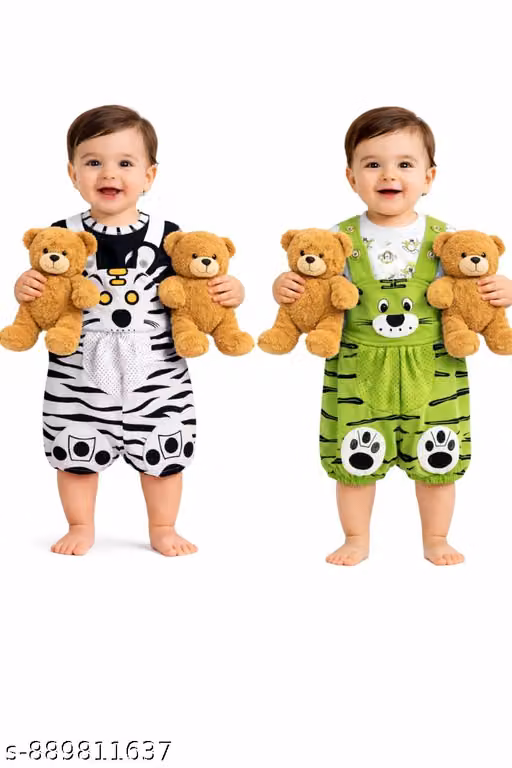 Baby Cotton Teddy Bear Print Romper Dungaree Set