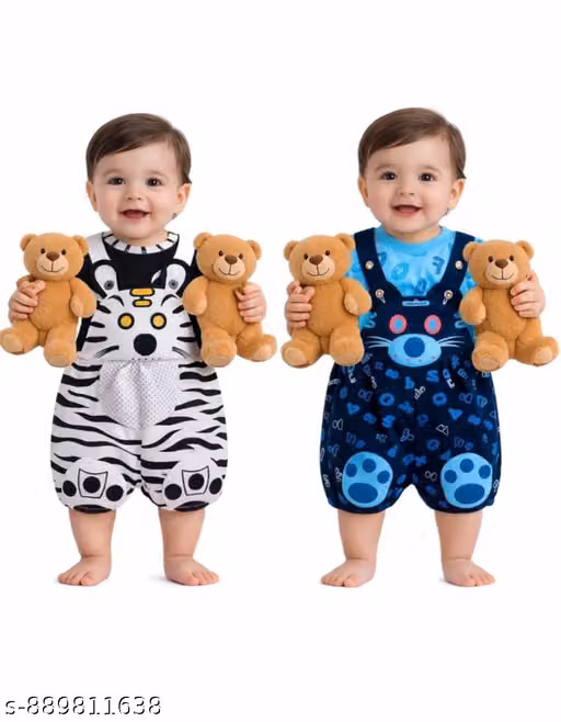 Baby Cotton Teddy Bear Print Romper Dungaree Set