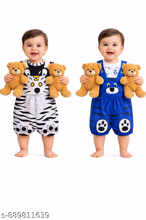 Baby Cotton Teddy Bear Print Romper Dungaree Set