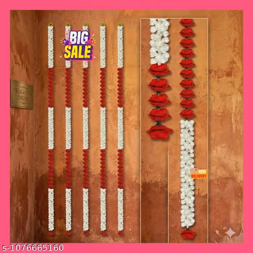 Artificial White Mogra Jasmine & Red Rose Garland Set of 4, 21 Roses
